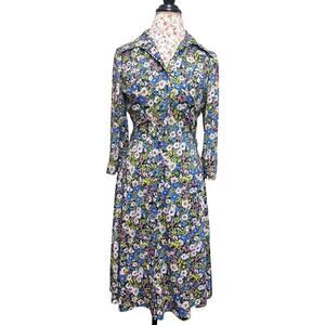 Vintage 70's Floral Dress Midi Shirt Dress Nylon Button Down Blue Black Retro